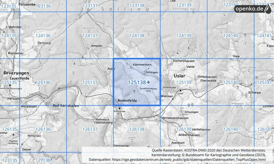 Übersichtskarte des KOSTRA-DWD-2020-Rasterfeldes Nr. 125138