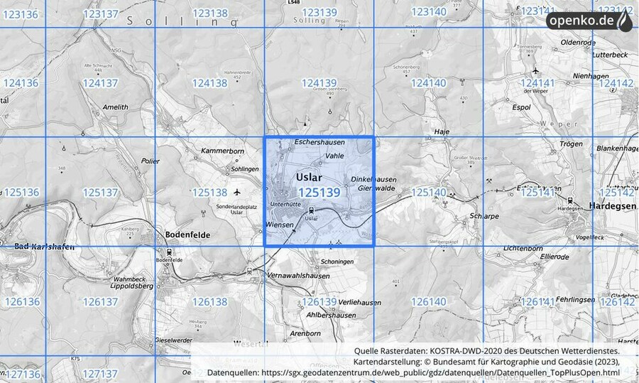 Übersichtskarte des KOSTRA-DWD-2020-Rasterfeldes Nr. 125139