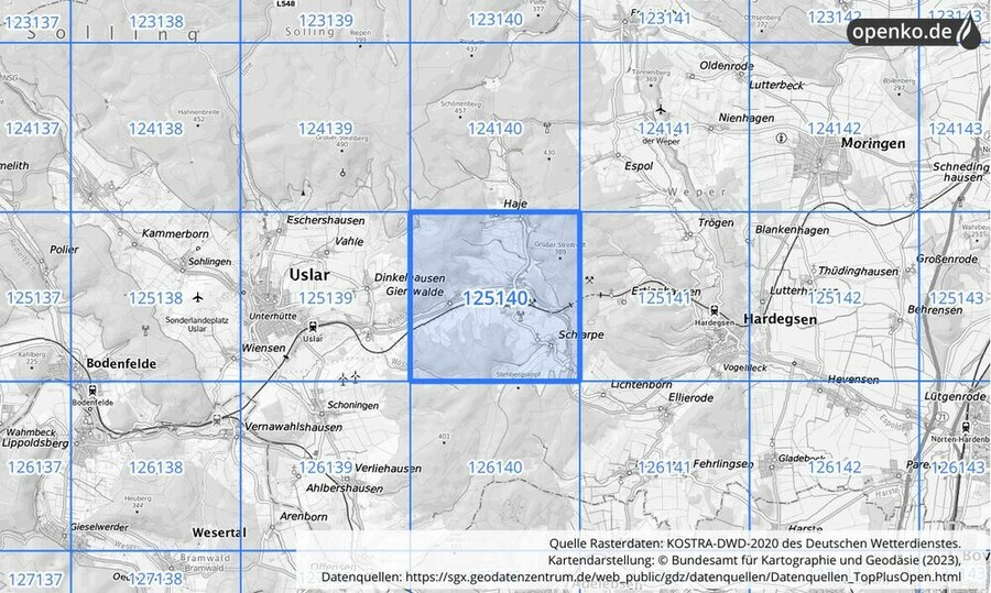 Übersichtskarte des KOSTRA-DWD-2020-Rasterfeldes Nr. 125140