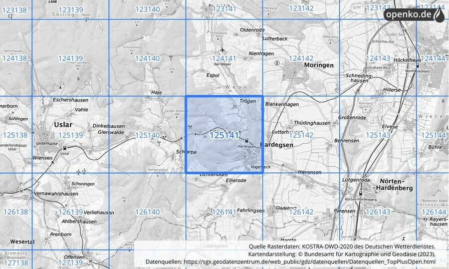 Übersichtskarte des KOSTRA-DWD-2020-Rasterfeldes Nr. 125141