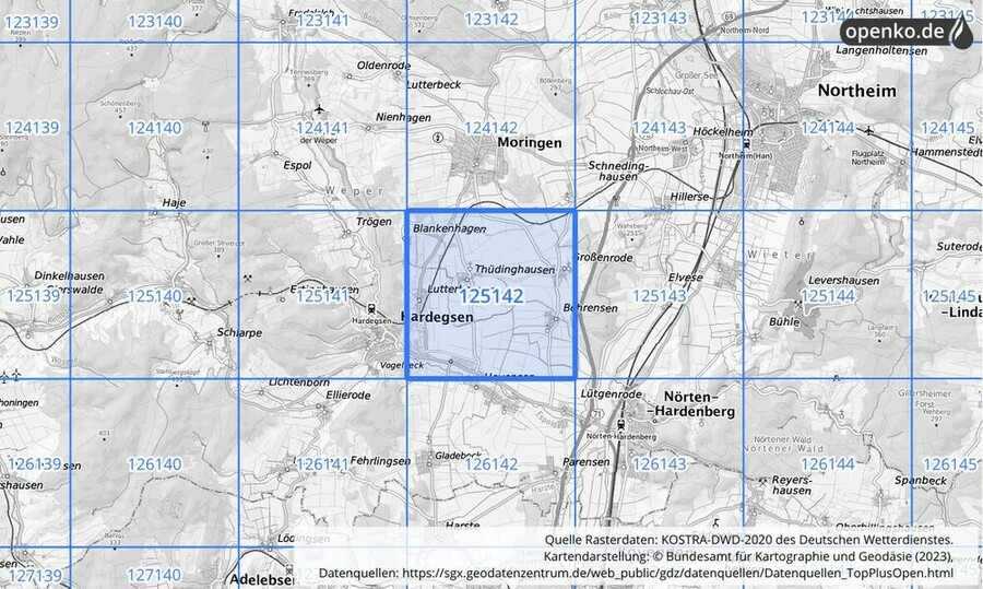 Übersichtskarte des KOSTRA-DWD-2020-Rasterfeldes Nr. 125142