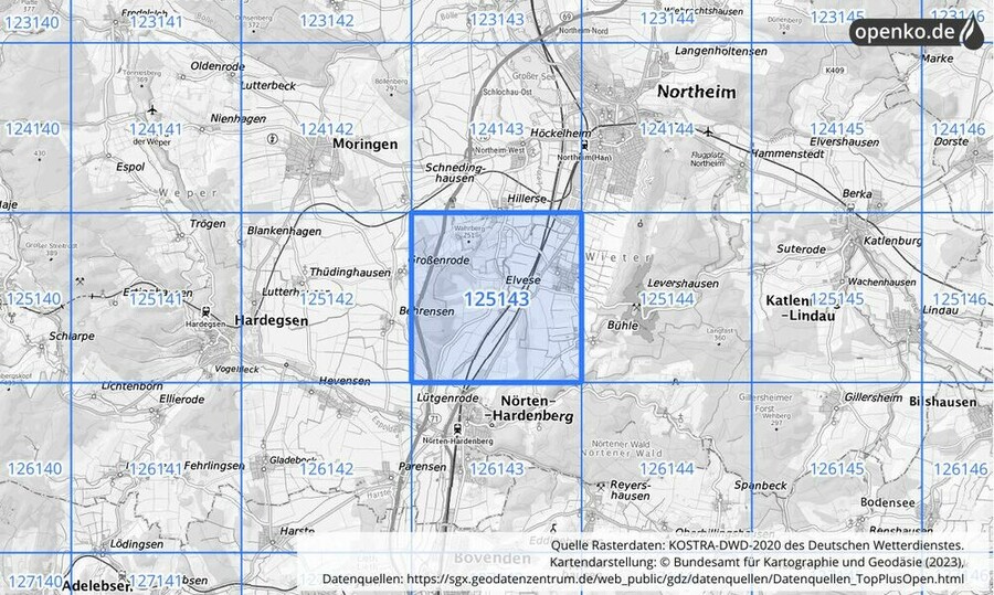 Übersichtskarte des KOSTRA-DWD-2020-Rasterfeldes Nr. 125143