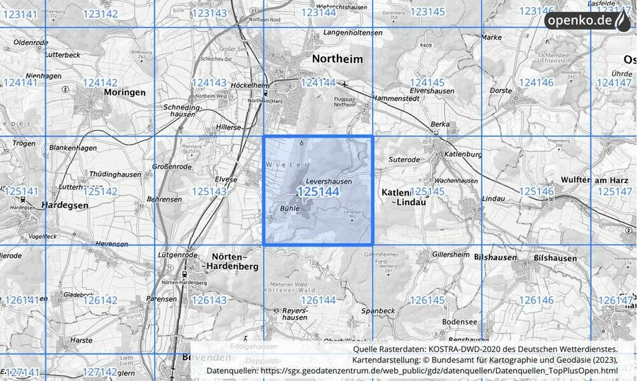 Übersichtskarte des KOSTRA-DWD-2020-Rasterfeldes Nr. 125144