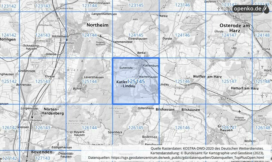 Übersichtskarte des KOSTRA-DWD-2020-Rasterfeldes Nr. 125145