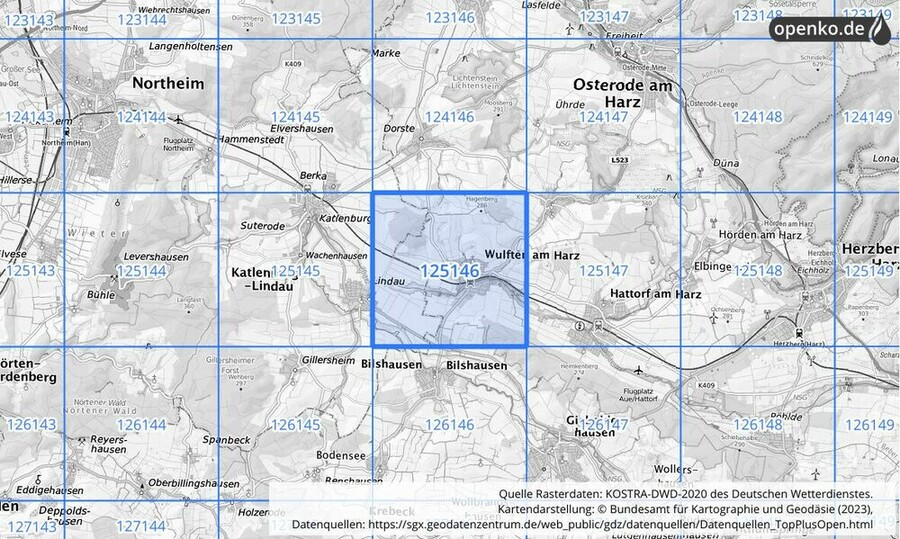 Übersichtskarte des KOSTRA-DWD-2020-Rasterfeldes Nr. 125146