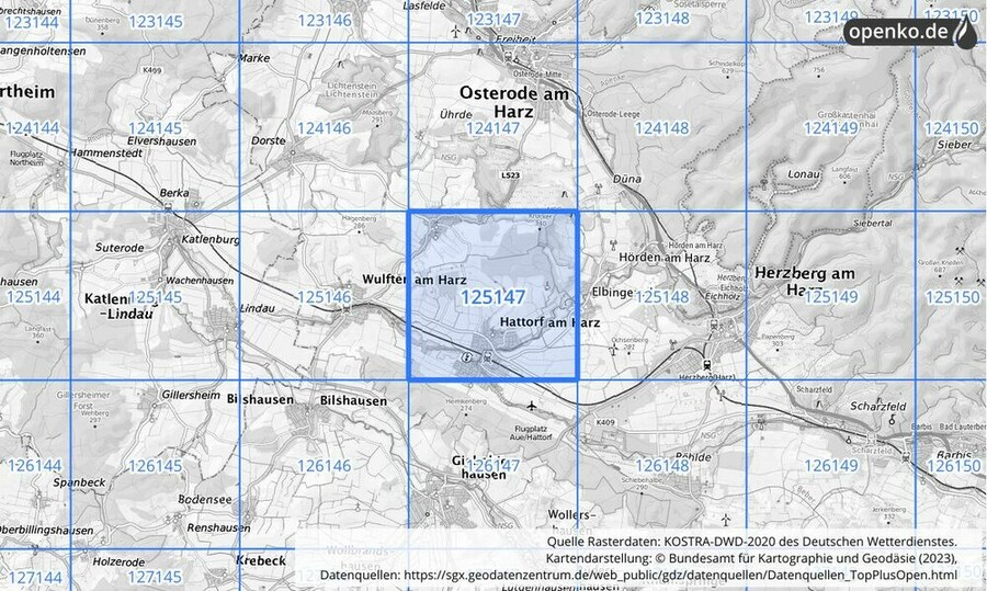 Übersichtskarte des KOSTRA-DWD-2020-Rasterfeldes Nr. 125147