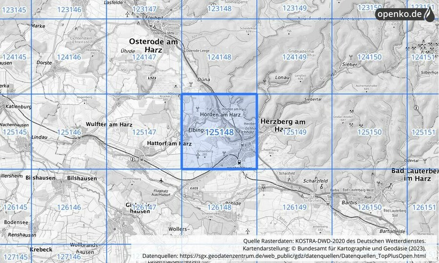 Übersichtskarte des KOSTRA-DWD-2020-Rasterfeldes Nr. 125148