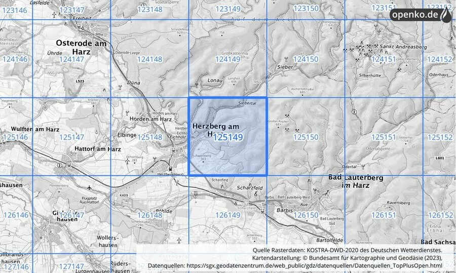 Übersichtskarte des KOSTRA-DWD-2020-Rasterfeldes Nr. 125149