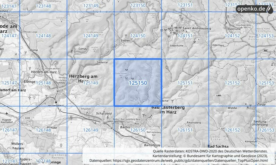 Übersichtskarte des KOSTRA-DWD-2020-Rasterfeldes Nr. 125150