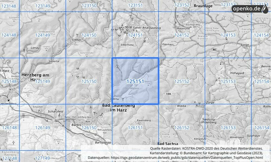 Übersichtskarte des KOSTRA-DWD-2020-Rasterfeldes Nr. 125151