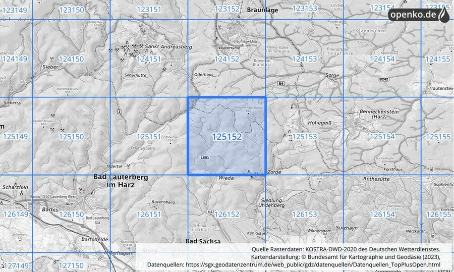 Übersichtskarte des KOSTRA-DWD-2020-Rasterfeldes Nr. 125152