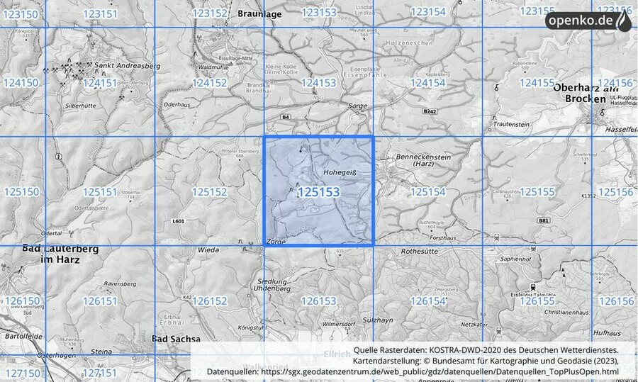 Übersichtskarte des KOSTRA-DWD-2020-Rasterfeldes Nr. 125153