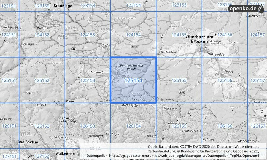 Übersichtskarte des KOSTRA-DWD-2020-Rasterfeldes Nr. 125154