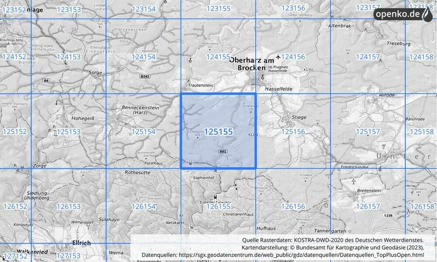 Übersichtskarte des KOSTRA-DWD-2020-Rasterfeldes Nr. 125155