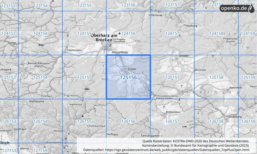 Übersichtskarte des KOSTRA-DWD-2020-Rasterfeldes Nr. 125156