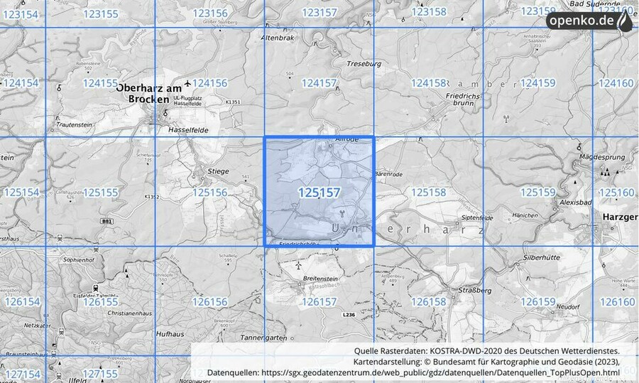 Übersichtskarte des KOSTRA-DWD-2020-Rasterfeldes Nr. 125157