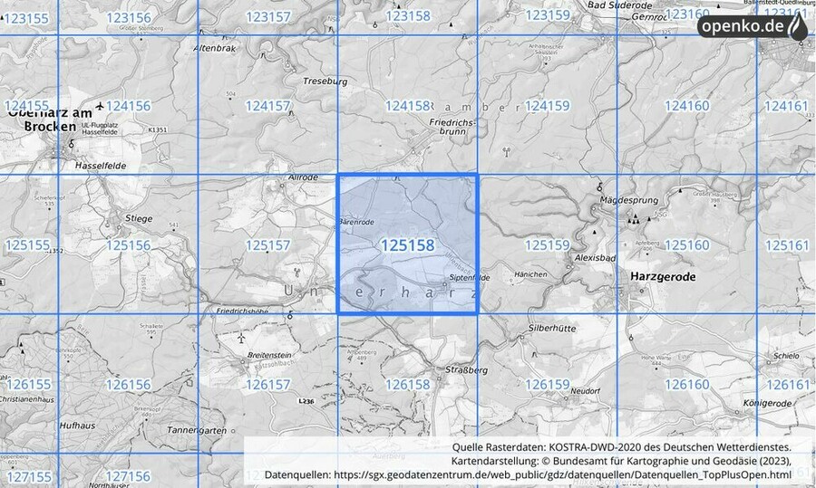 Übersichtskarte des KOSTRA-DWD-2020-Rasterfeldes Nr. 125158