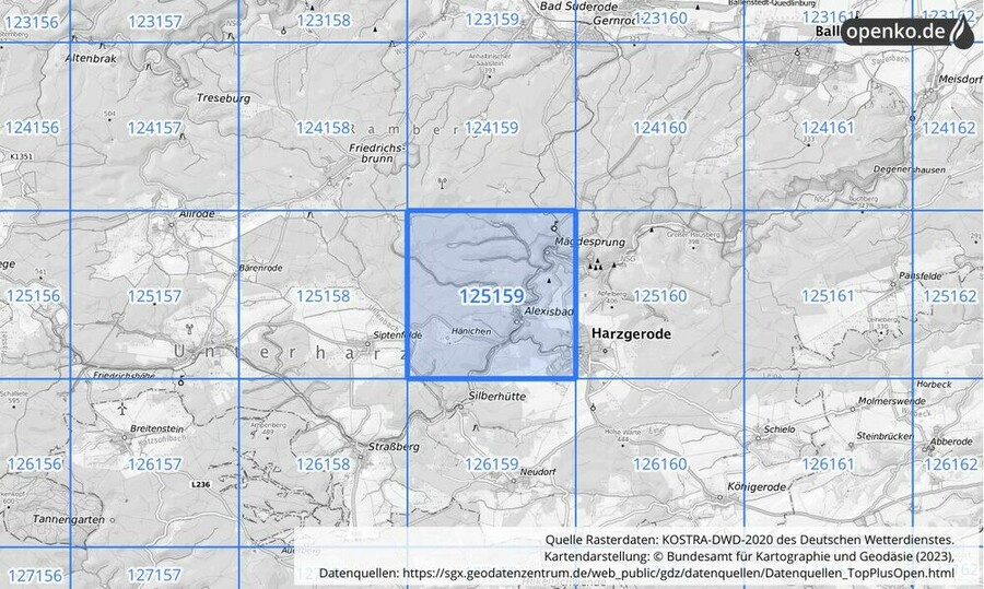 Übersichtskarte des KOSTRA-DWD-2020-Rasterfeldes Nr. 125159