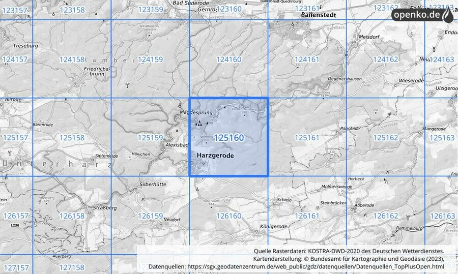 Übersichtskarte des KOSTRA-DWD-2020-Rasterfeldes Nr. 125160