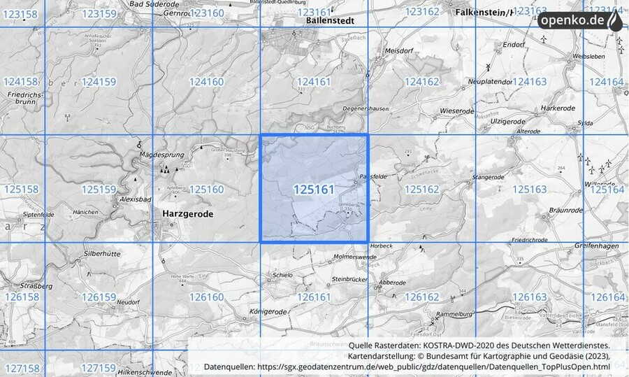 Übersichtskarte des KOSTRA-DWD-2020-Rasterfeldes Nr. 125161