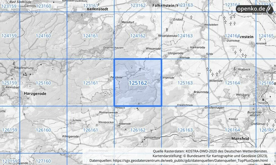 Übersichtskarte des KOSTRA-DWD-2020-Rasterfeldes Nr. 125162