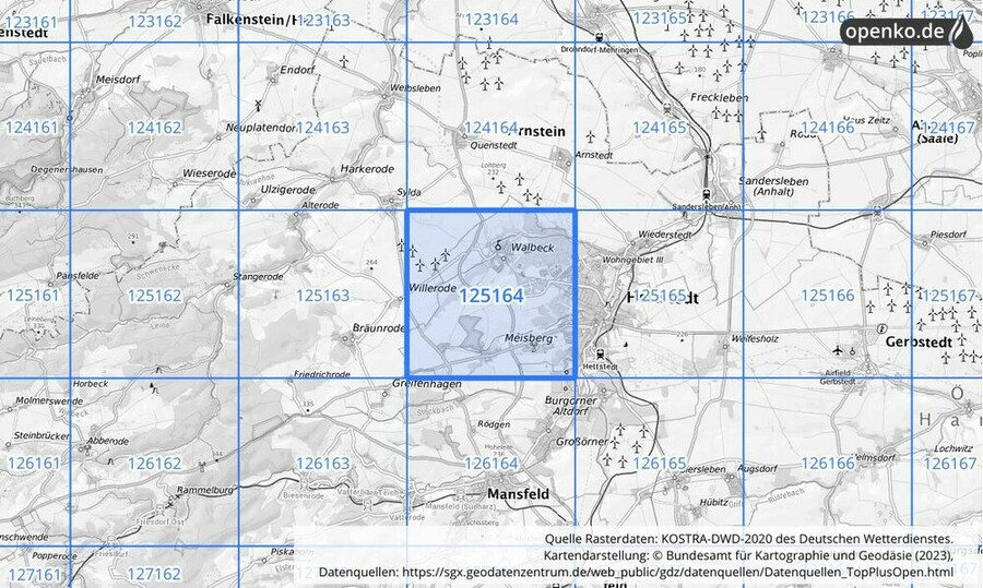 Übersichtskarte des KOSTRA-DWD-2020-Rasterfeldes Nr. 125164