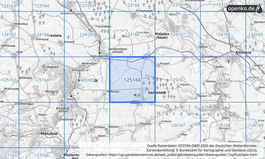 Übersichtskarte des KOSTRA-DWD-2020-Rasterfeldes Nr. 125166