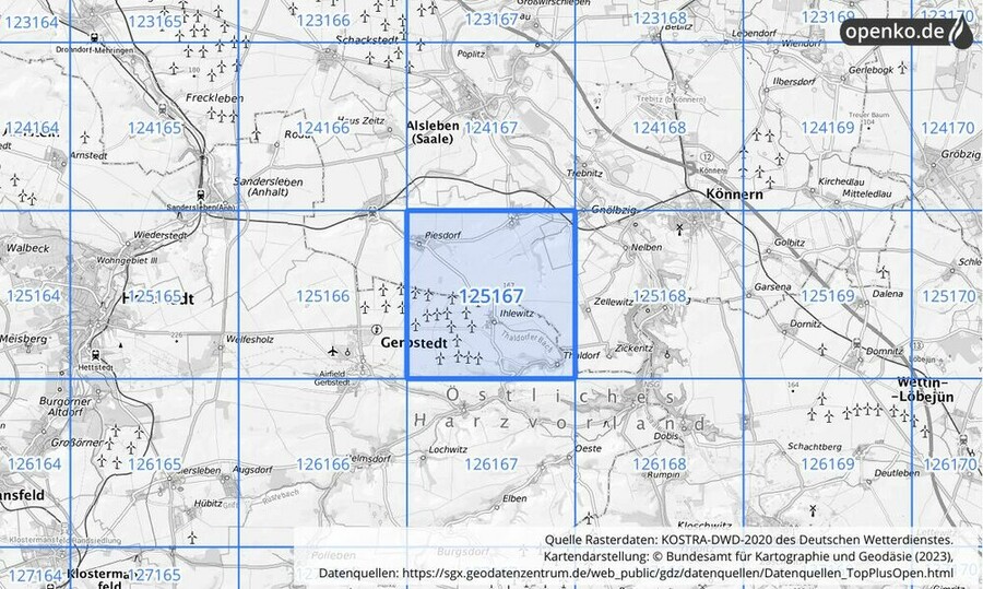 Übersichtskarte des KOSTRA-DWD-2020-Rasterfeldes Nr. 125167