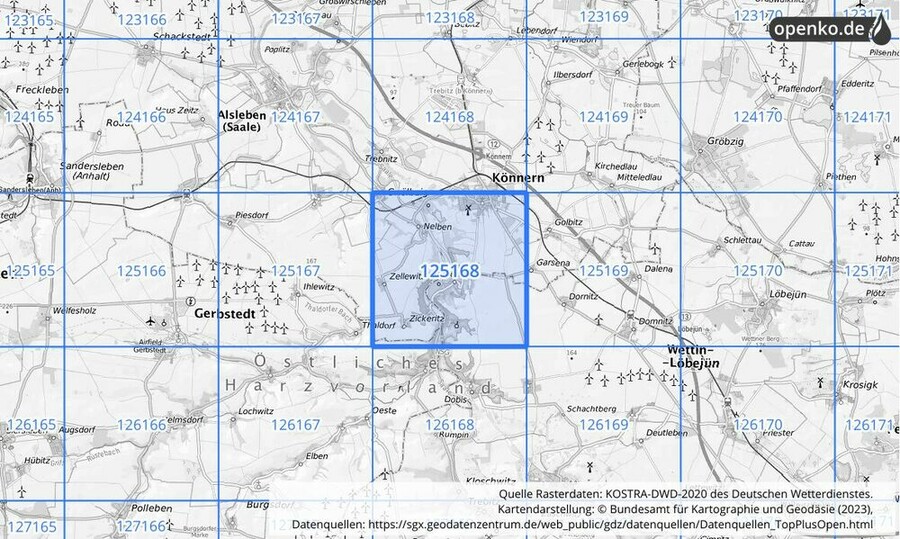 Übersichtskarte des KOSTRA-DWD-2020-Rasterfeldes Nr. 125168