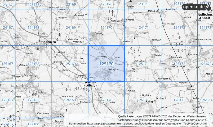 Übersichtskarte des KOSTRA-DWD-2020-Rasterfeldes Nr. 125170