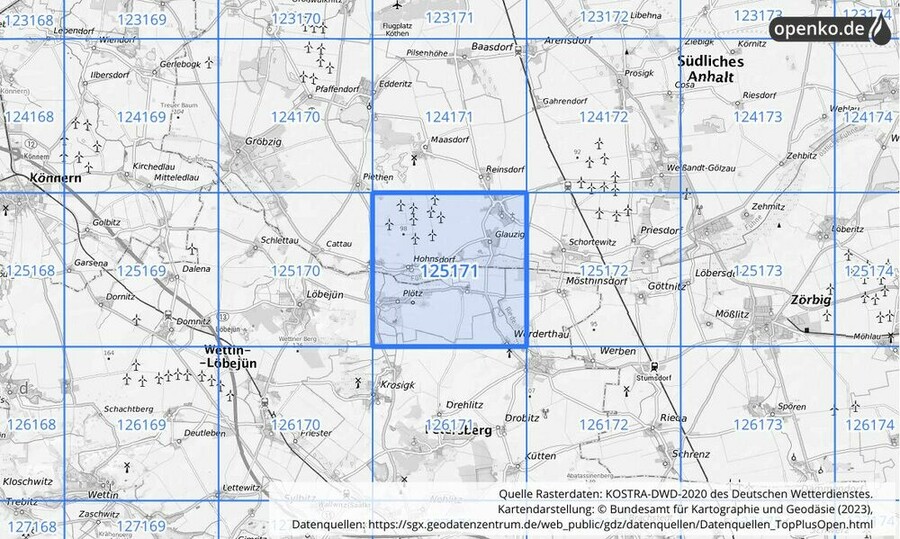 Übersichtskarte des KOSTRA-DWD-2020-Rasterfeldes Nr. 125171