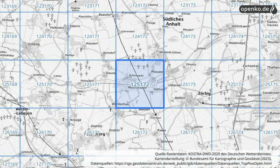 Übersichtskarte des KOSTRA-DWD-2020-Rasterfeldes Nr. 125172