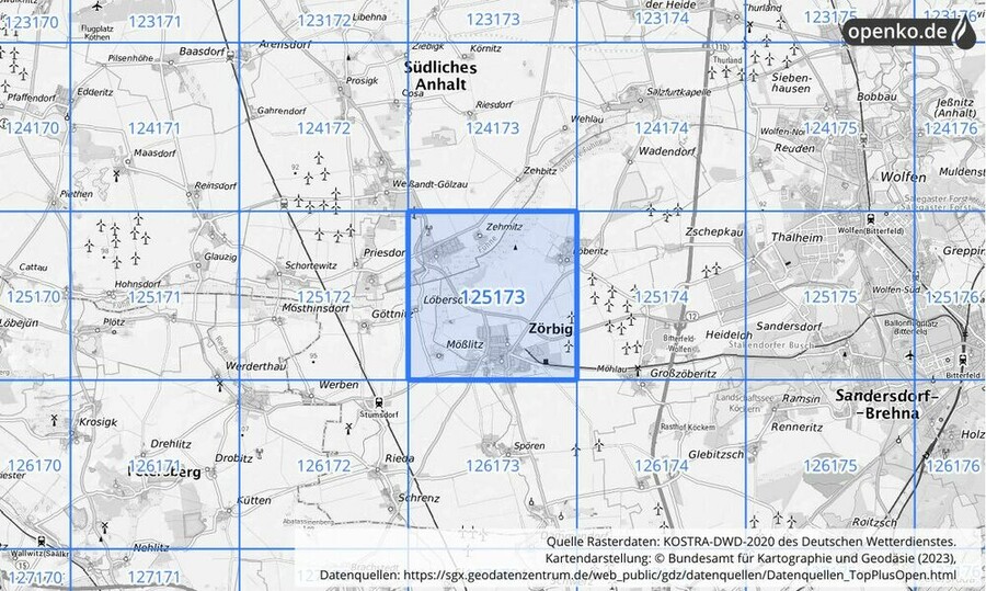 Übersichtskarte des KOSTRA-DWD-2020-Rasterfeldes Nr. 125173