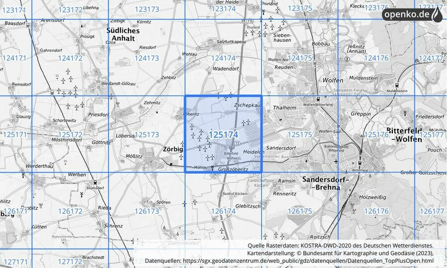 Übersichtskarte des KOSTRA-DWD-2020-Rasterfeldes Nr. 125174