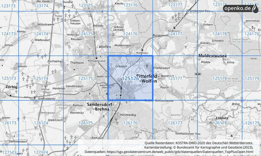 Übersichtskarte des KOSTRA-DWD-2020-Rasterfeldes Nr. 125176