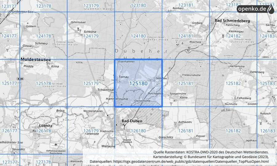 Übersichtskarte des KOSTRA-DWD-2020-Rasterfeldes Nr. 125180