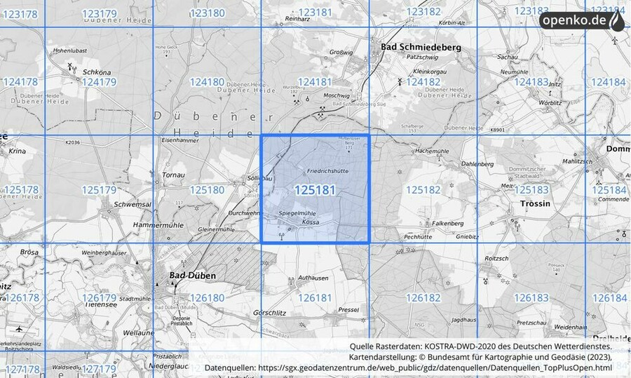 Übersichtskarte des KOSTRA-DWD-2020-Rasterfeldes Nr. 125181