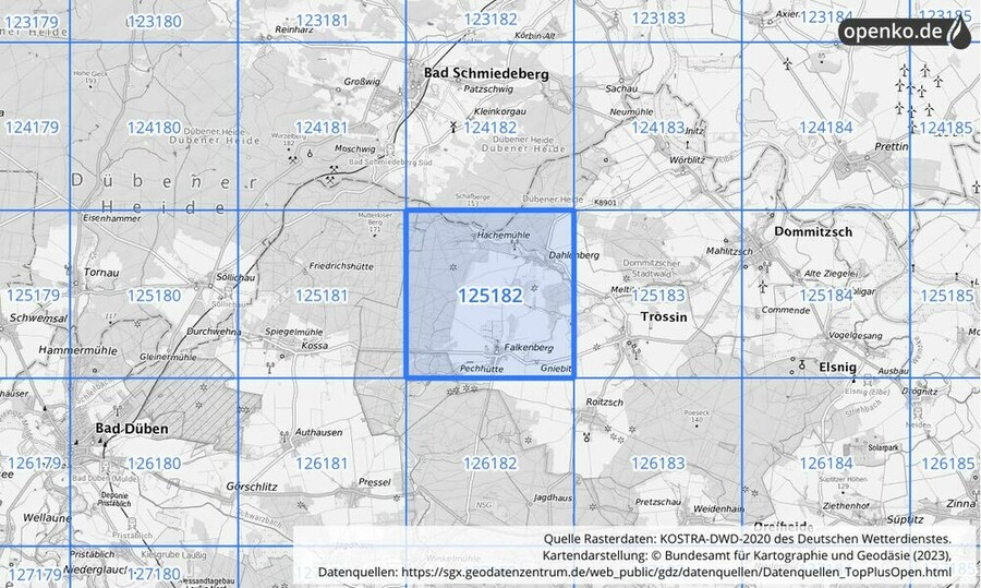 Übersichtskarte des KOSTRA-DWD-2020-Rasterfeldes Nr. 125182