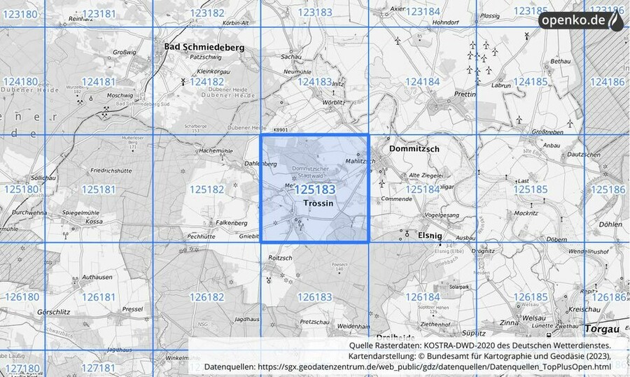 Übersichtskarte des KOSTRA-DWD-2020-Rasterfeldes Nr. 125183