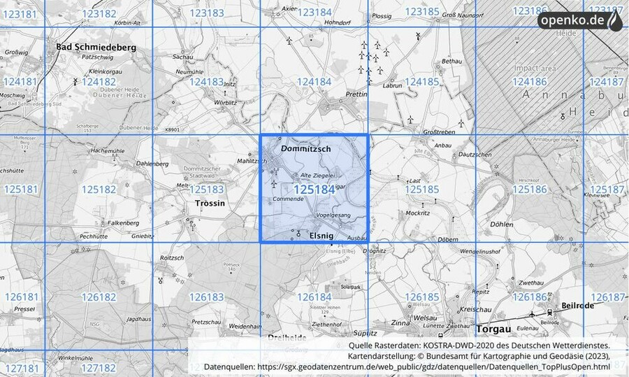 Übersichtskarte des KOSTRA-DWD-2020-Rasterfeldes Nr. 125184