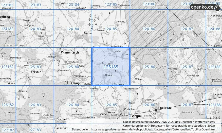 Übersichtskarte des KOSTRA-DWD-2020-Rasterfeldes Nr. 125185