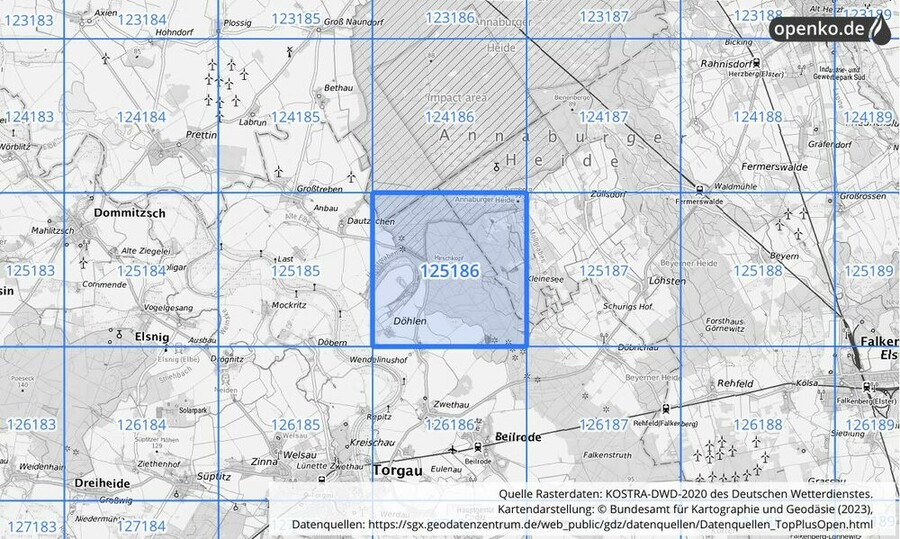 Übersichtskarte des KOSTRA-DWD-2020-Rasterfeldes Nr. 125186