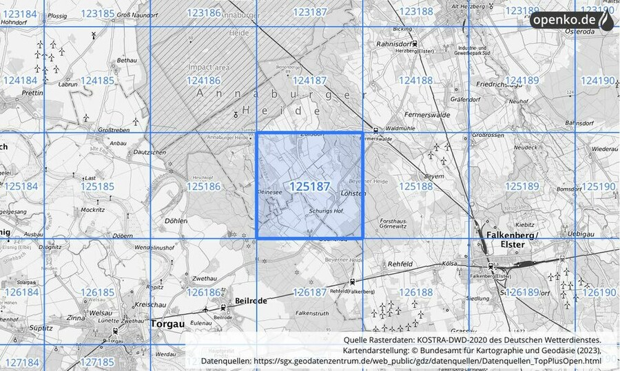 Übersichtskarte des KOSTRA-DWD-2020-Rasterfeldes Nr. 125187