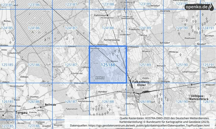 Übersichtskarte des KOSTRA-DWD-2020-Rasterfeldes Nr. 125188