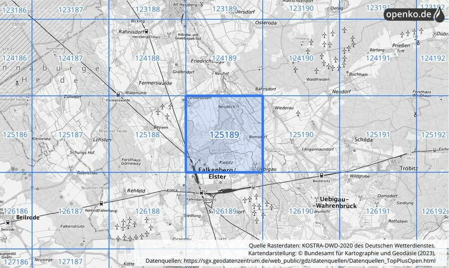 Übersichtskarte des KOSTRA-DWD-2020-Rasterfeldes Nr. 125189