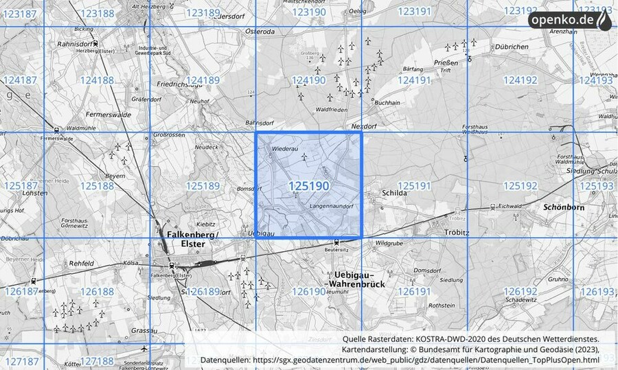 Übersichtskarte des KOSTRA-DWD-2020-Rasterfeldes Nr. 125190