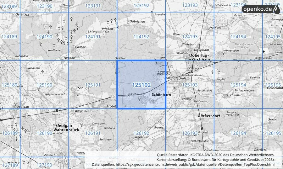 Übersichtskarte des KOSTRA-DWD-2020-Rasterfeldes Nr. 125192