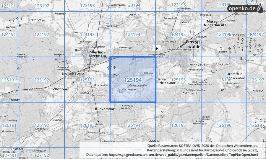 Übersichtskarte des KOSTRA-DWD-2020-Rasterfeldes Nr. 125194