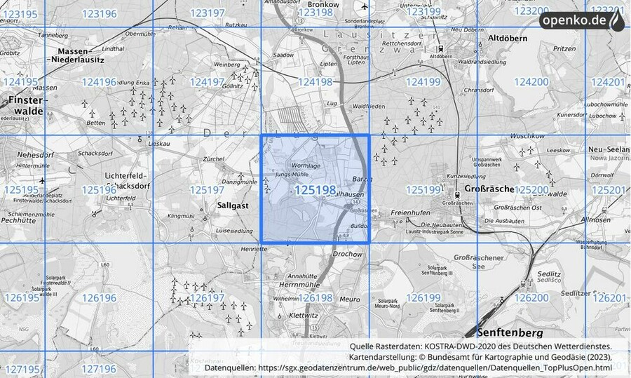 Übersichtskarte des KOSTRA-DWD-2020-Rasterfeldes Nr. 125198