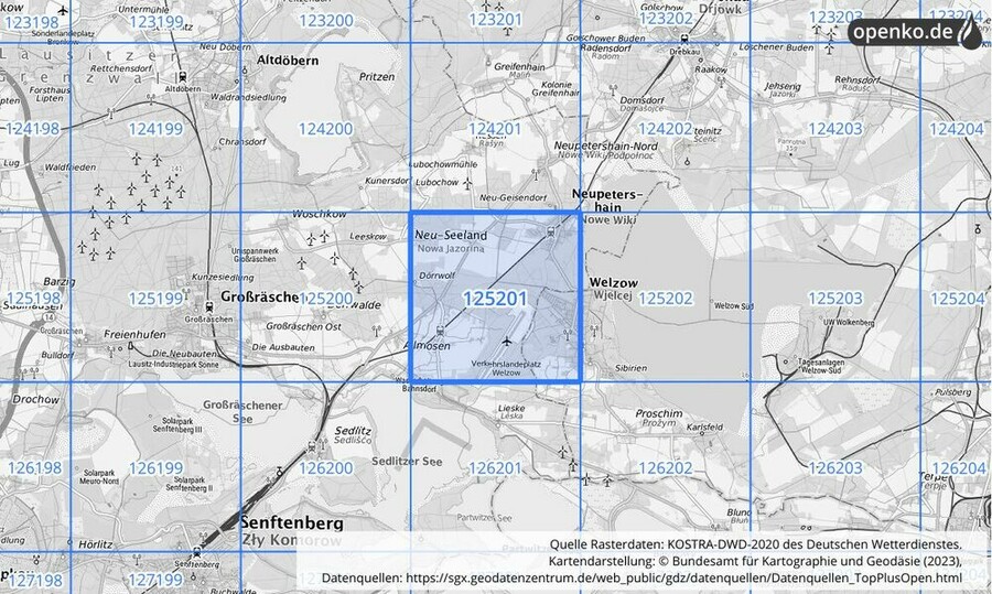 Übersichtskarte des KOSTRA-DWD-2020-Rasterfeldes Nr. 125201